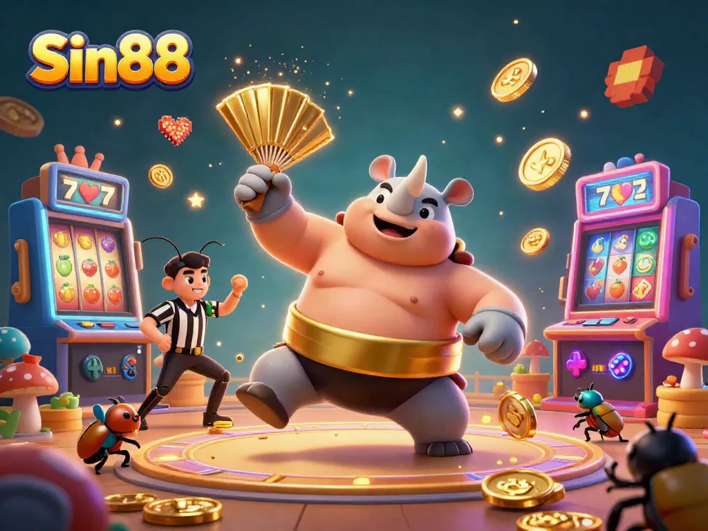 Experience the excitement of Sin88 with a vibrant casino scene featuring themed characters and gaming elements.