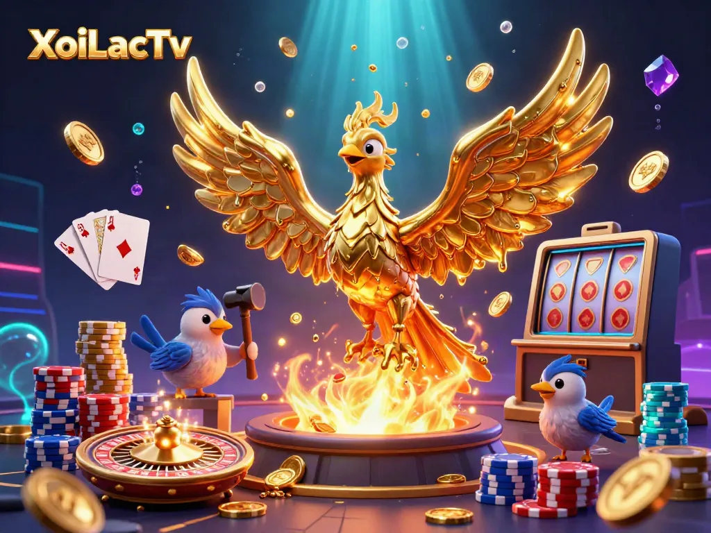 XoiLacTv showcases a vibrant scene with a molten golden phoenix, coins, and casino elements.