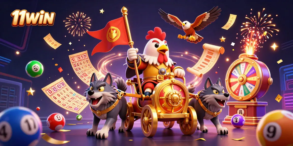 11WIN offers exciting lottery gameplay with a 3D rooster warlord atop a golden chariot, symbolizing big wins.