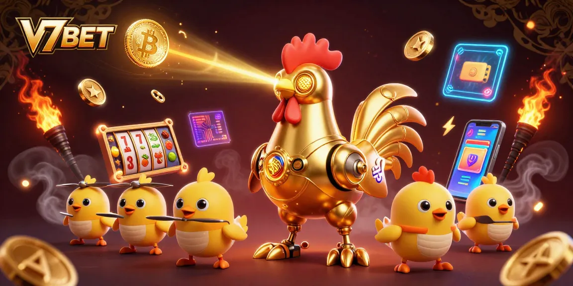 Experience thrilling gaming at V7BET with a vibrant 3D illustration showcasing crypto-inspired casino elements.