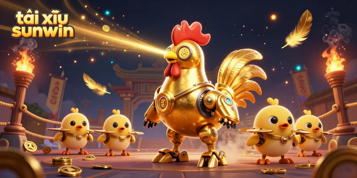 Tài xỉu sunwin features a dynamic scene with a golden rooster robot and drones showcasing a vibrant casino atmosphere.