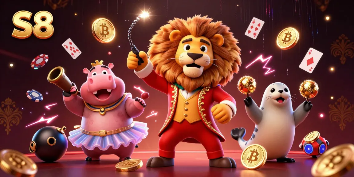 S8 casino scene featuring a lion ringmaster, hippo, and seal with poker elements and glowing crypto coins.