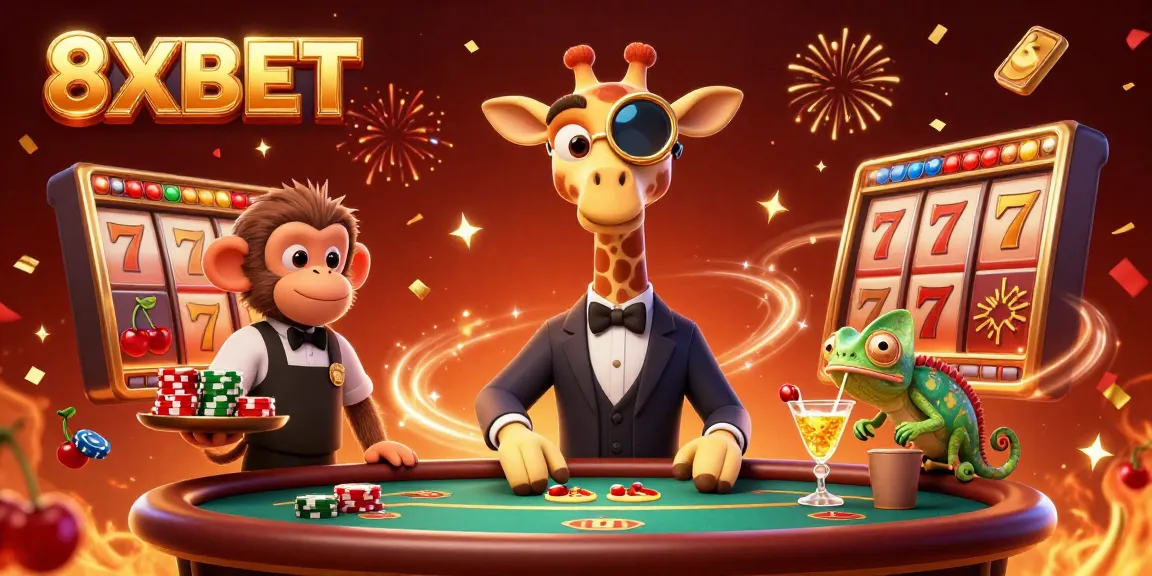 Engage with thrilling gaming action at 8XBET, featuring a giraffe, monkey, and chameleon in a vibrant casino setting.