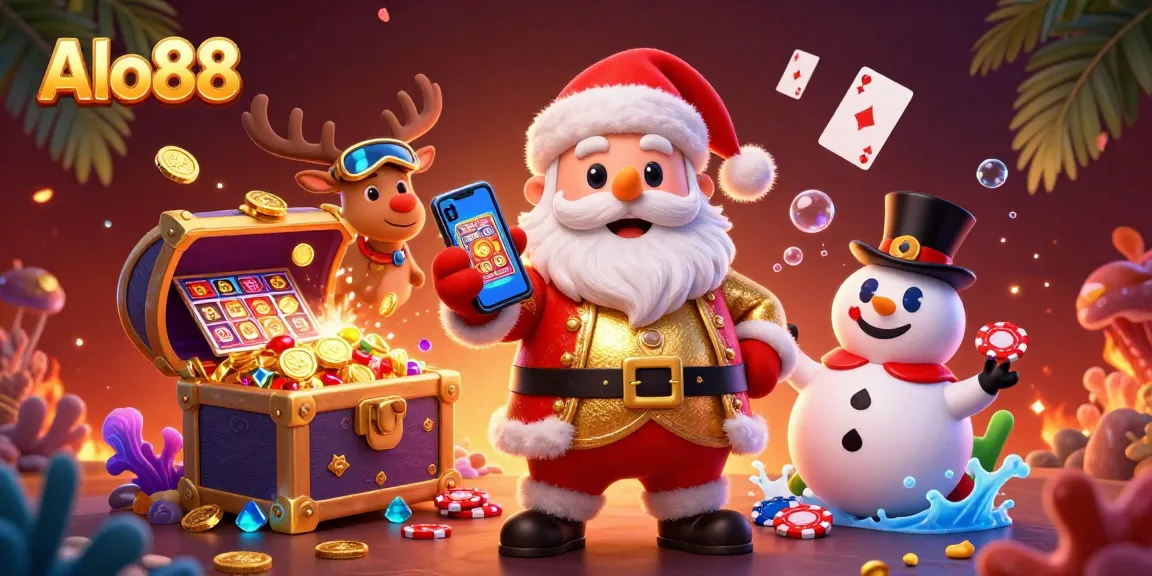 Alo88 engages players with a festive casino scene featuring a cartoon Santa, reindeer, and a snowman enjoying jackpot slots.