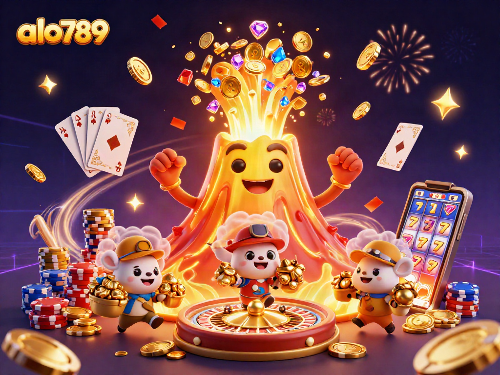 Spin the lucky reels and win treasures at alo789 Casino amidst a golden erupting volcano.