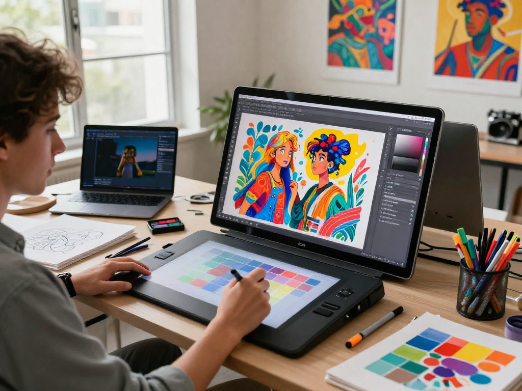 Artist designing nsfw ai characters in vibrant digital workspace