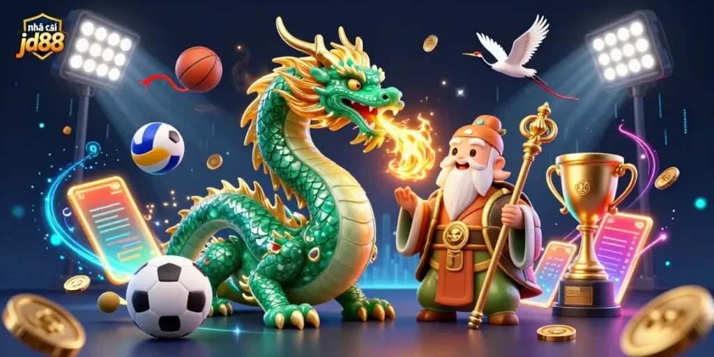 Experience thrilling action with nhà cái jd88 in this vibrant 3D scene featuring mythical creatures and sports elements.