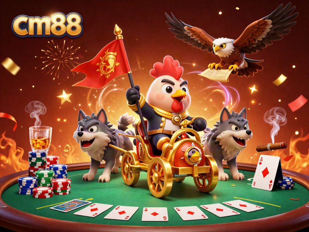 Experience the excitement of cm88 with this vibrant illustration of a rooster warlord in a casino setting.