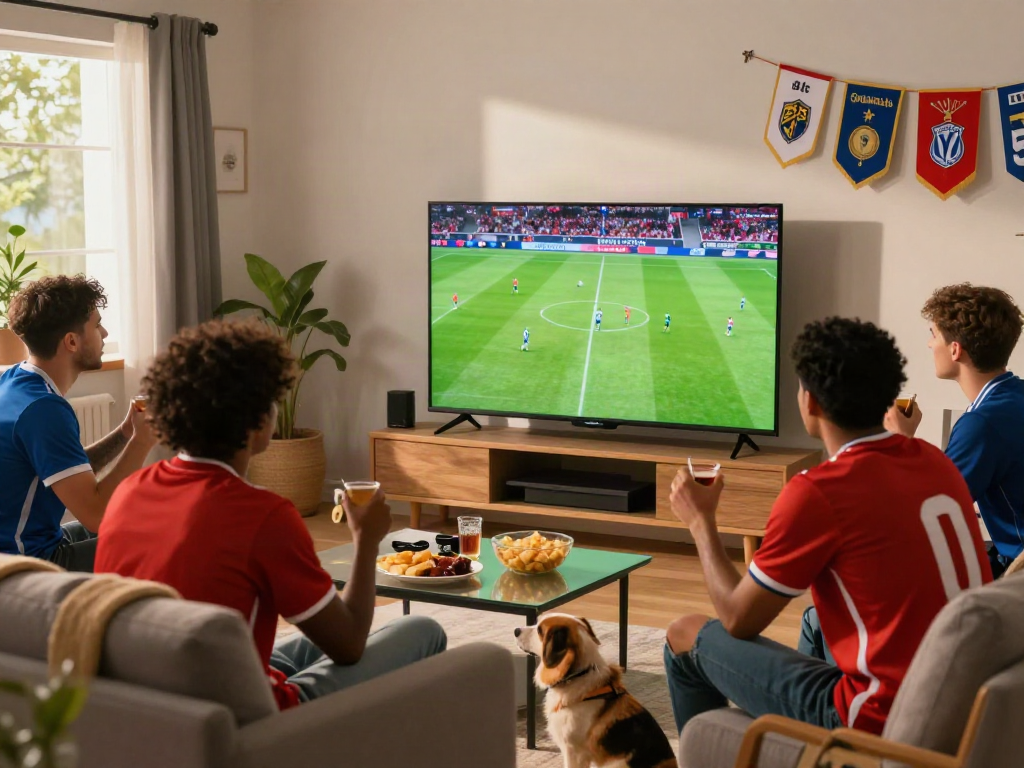 Exciting scene of soccer fans enjoying a live match on Thapcamtv in a vibrant living room.