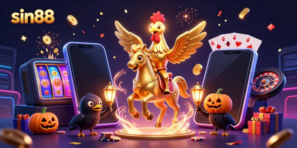 Experience thrilling gameplay with sin88 in a vibrant casino scene featuring gold coins and slot machines.