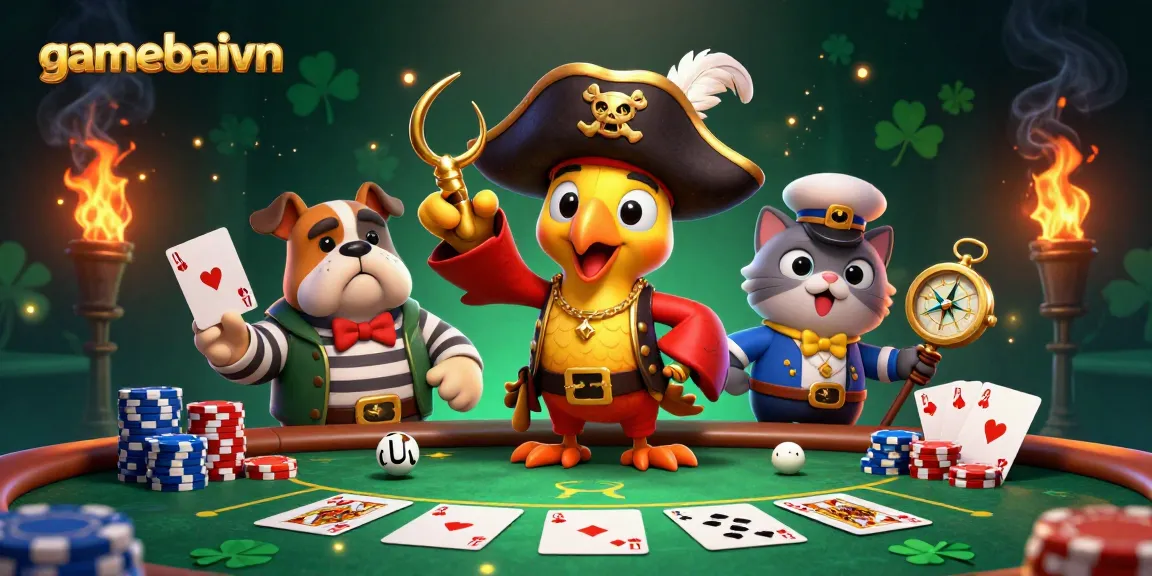 Experience poker strategy with gamebaivn's colorful 3D illustration featuring dynamic characters and rich game elements.