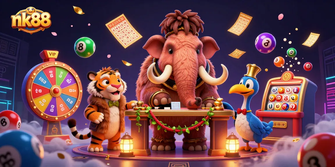Experience dynamic gaming at nk88 with a woolly mammoth bouncer, a saber-tooth tiger VIP, and animated lottery elements.