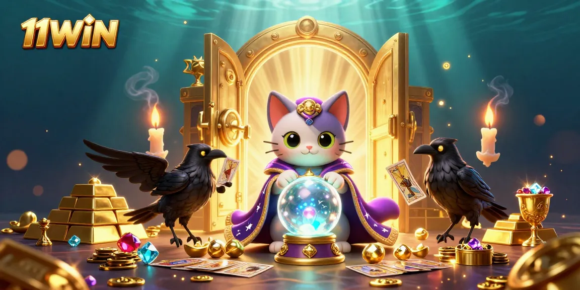 Experience thrilling games with 11WIN's vibrant treasure-filled casino scene featuring mystical characters.