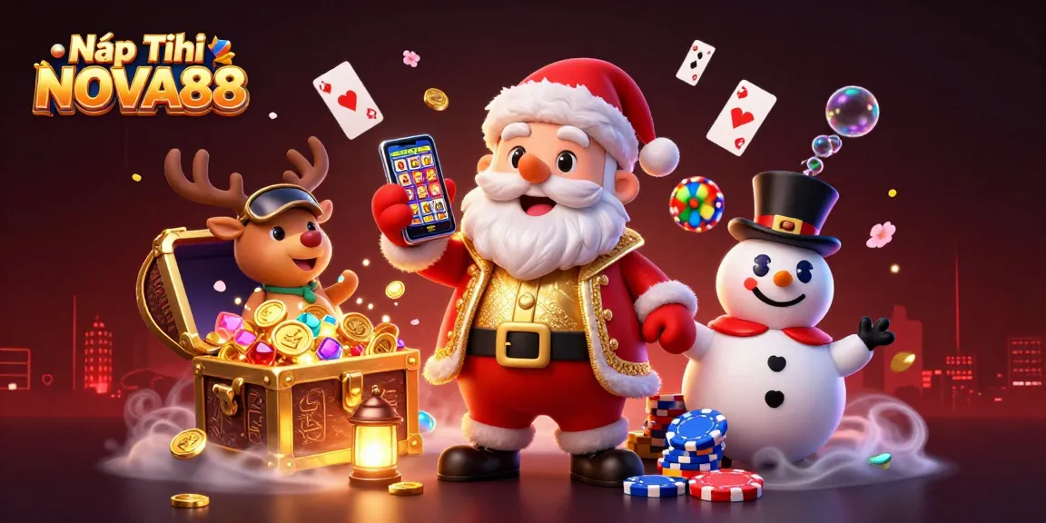 Nạp Tiền NOVA88 with Santa Claus enjoying a jackpot slots experience in a festive casino scene