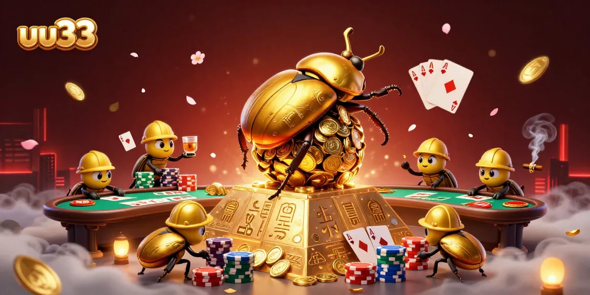 Experience thrilling gameplay with uu33 as golden dung beetles roll coins in this lively casino scene.