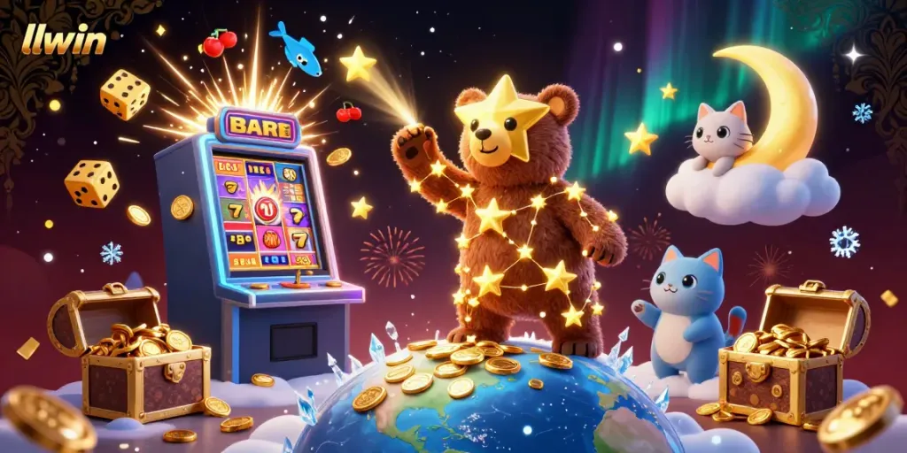 Experience gaming with llwin, featuring a stellar constellation bear and a jackpot explosion of coins.