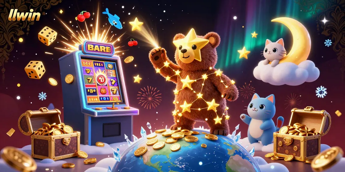Experience gaming with llwin, featuring a stellar constellation bear and a jackpot explosion of coins.