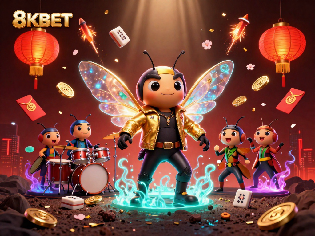 Experience the excitement of 8KBET with a vibrant 3D casino scene featuring dynamic characters and festive elements.
