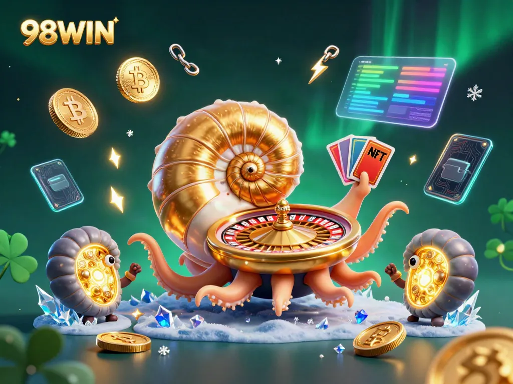 Engage with 98WIN through an intricate, visually stunning casino scene featuring an ancient nautilus and vibrant cryptocurrency elements.