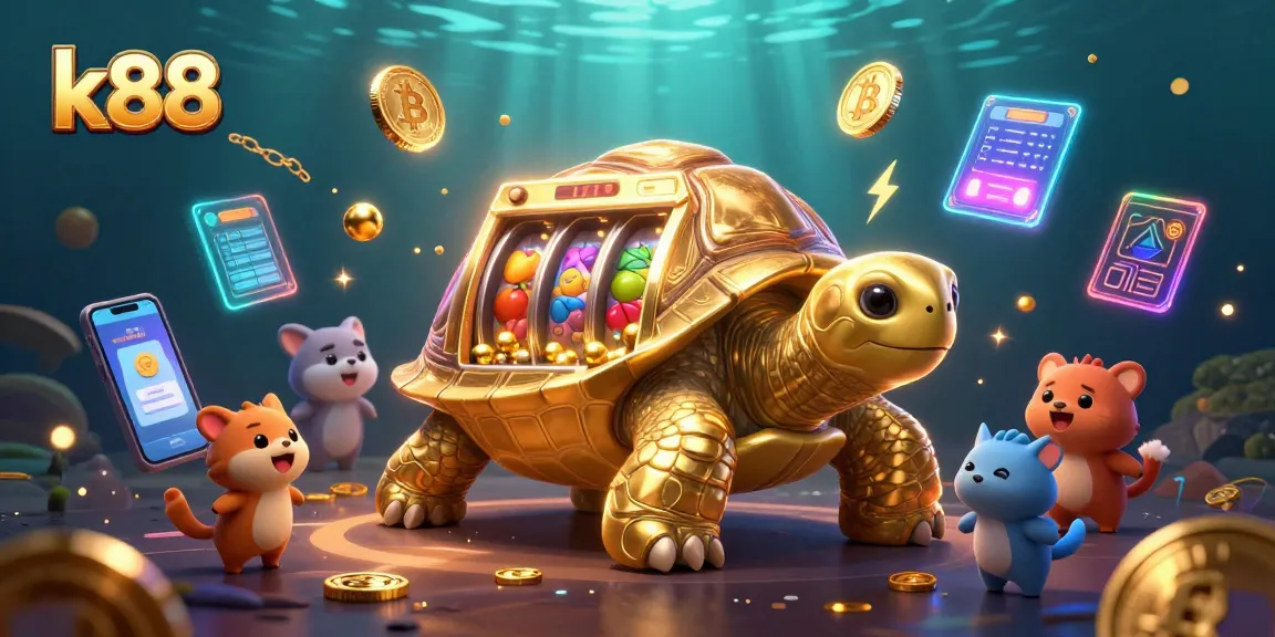 Engage with K88's vibrant casino world featuring a golden tortoise slot machine and crypto elements.