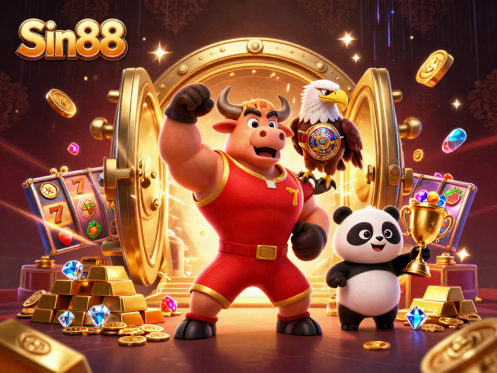 Spin slot machines and win big with Sin88's vibrant casino illustration featuring a bull and eagle.