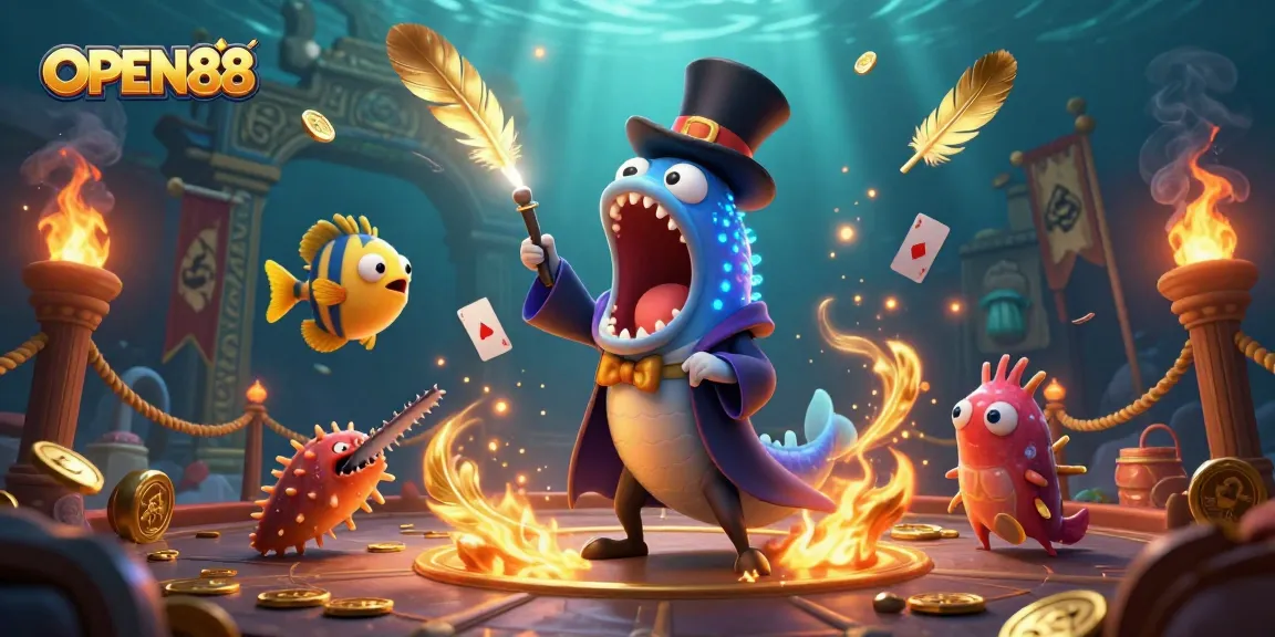 Experience thrilling magic tricks with OPEN88 in a vibrant underwater casino scene.