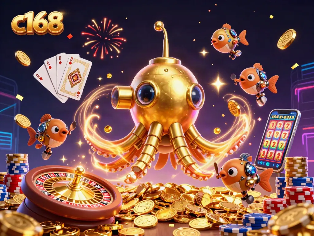 c168 gaming dynamic scene featuring a golden kraken submarine amidst cascading coins and poker chips