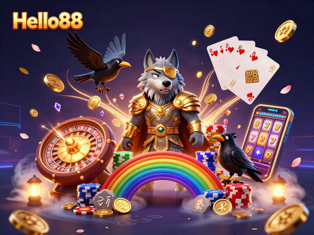 Engage with Hello88's vibrant casino world featuring Odin and his ravens amidst dynamic gaming elements.