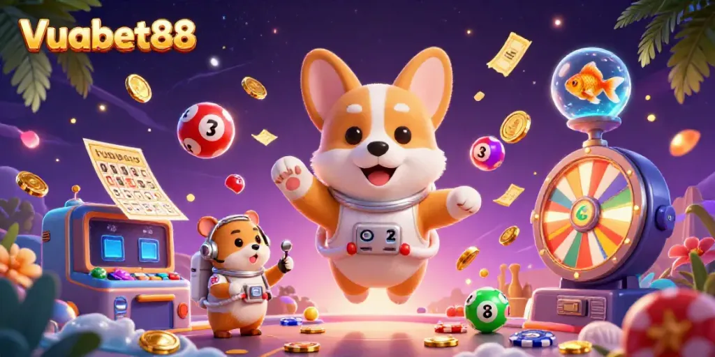 Experience the thrill of Vuabet88 with cosmic characters and lively gaming elements in this vibrant 3D casino scene.
