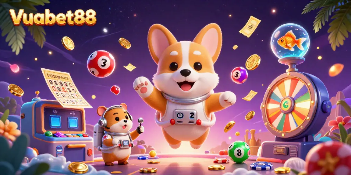 Experience the thrill of Vuabet88 with cosmic characters and lively gaming elements in this vibrant 3D casino scene.