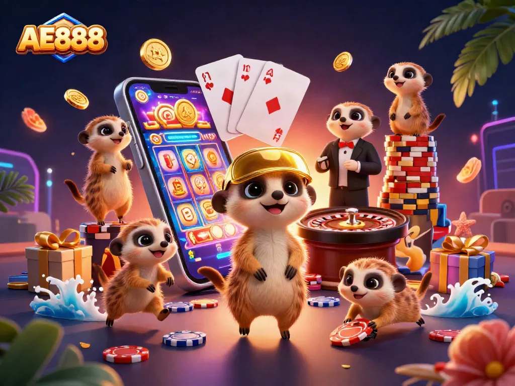 Experience thrilling gameplay with AE888 as meerkats operate a vibrant casino environment, featuring exciting slot action and dynamic elements.