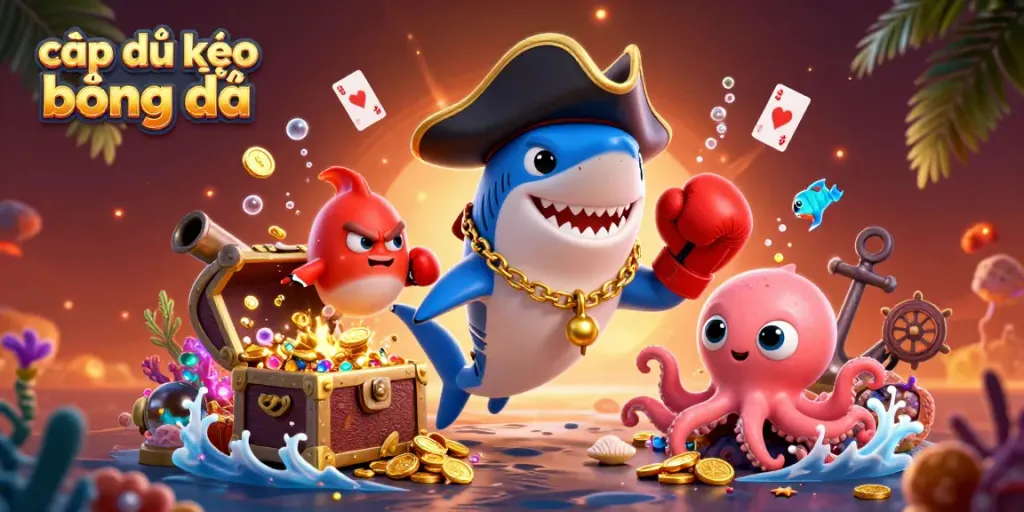 Engaging 3D illustration showing a pirate shark, pufferfish, and octopus celebrating with gold coins, emphasizing cập nhật kèo bóng đá.