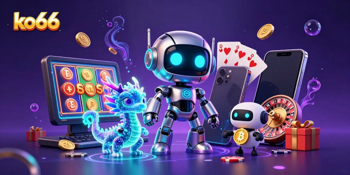 Engage with ko66's vibrant casino experience through a dynamic 3D scene of characters and gaming elements.