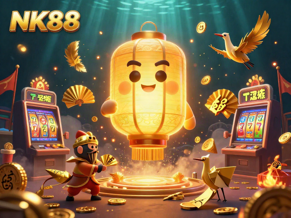 Experience the thrill of NK88 in a captivating casino scene filled with golden lanterns and lucky symbols.