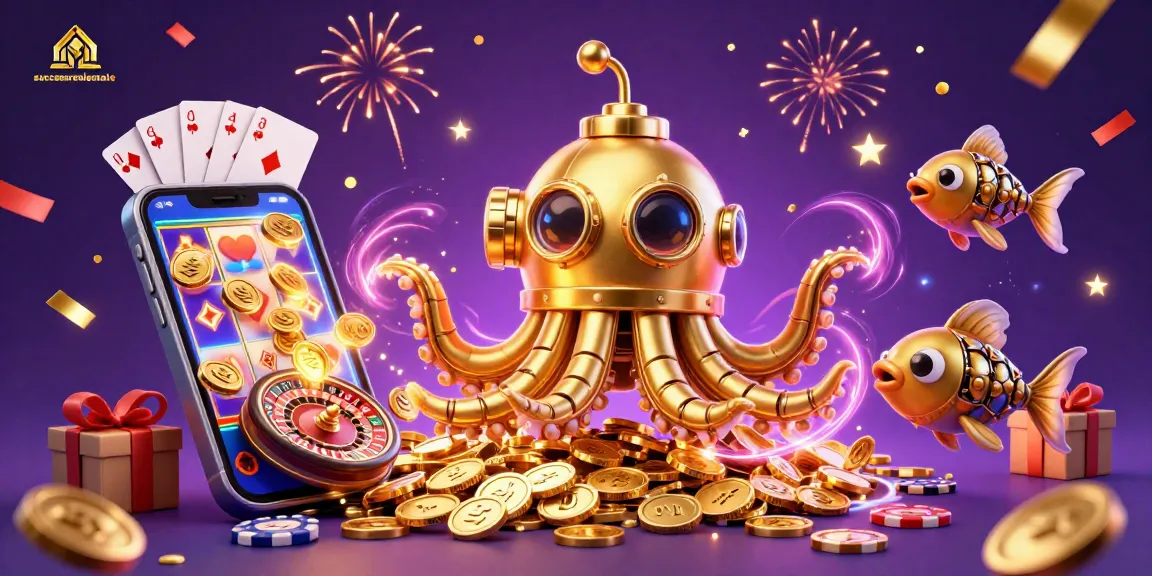 Engage with successrealestate through this vibrant 3D casino scene featuring a golden kraken submarine amidst golden coins.