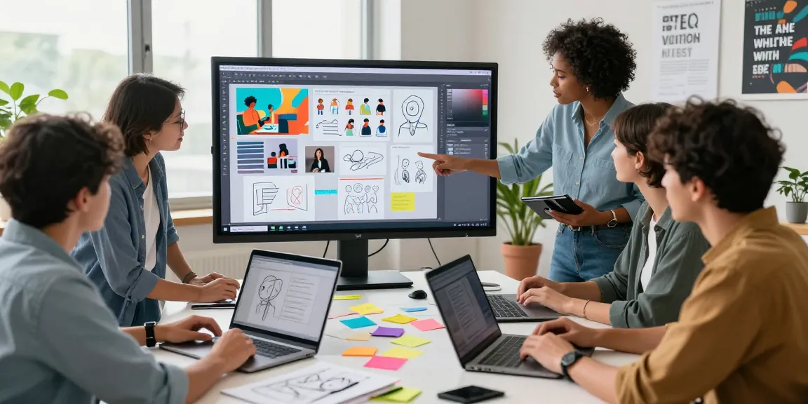 Team brainstorming on a digital mix board in a vibrant office space, showcasing collaboration and creativity.