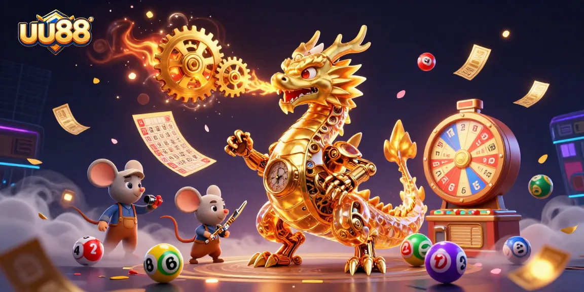 Play exciting games at uu88 with colorful lottery balls and a golden dragon in 3D illustration.