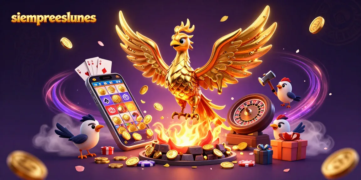 siempreeslunes features a molten golden phoenix and dynamic slot game elements in a vibrant casino scene