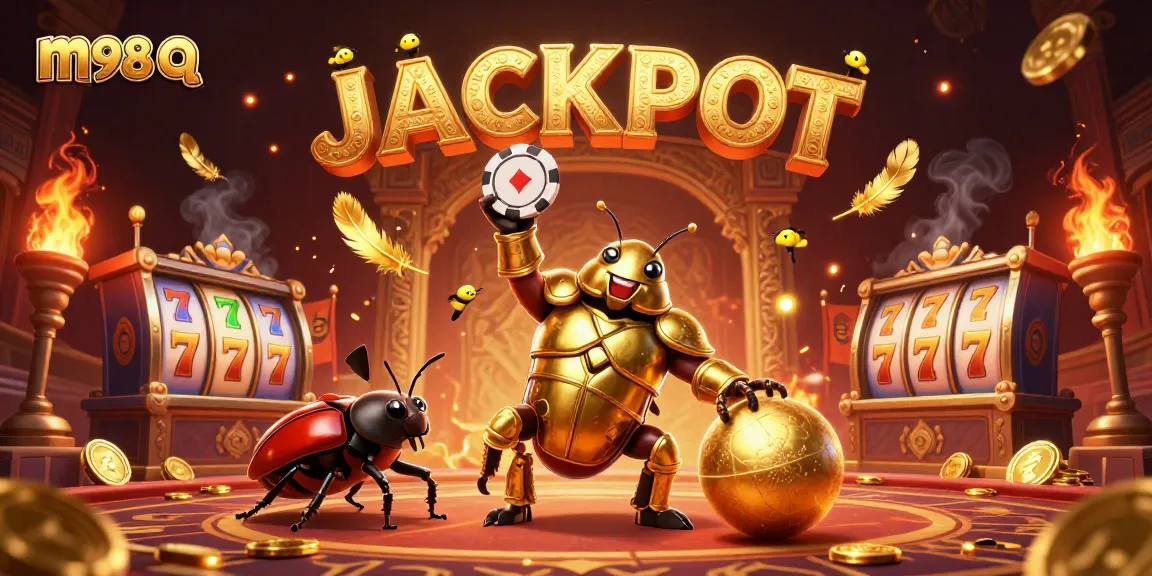Engage in thrilling m98 q slots action as heroic beetles celebrate a jackpot in a vibrant casino.