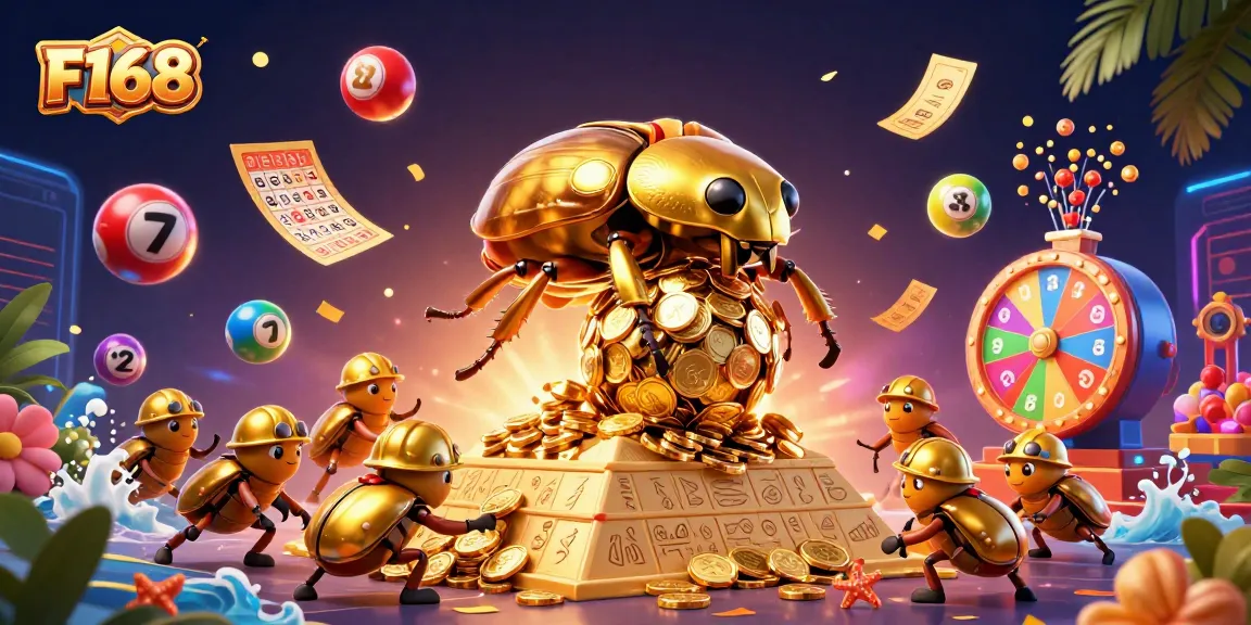 Join the excitement at F168 with lottery balls, golden coins, and vibrant casino elements