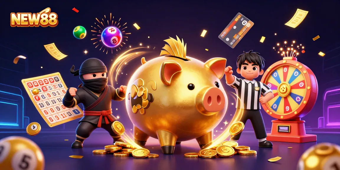 NEW88's vibrant casino scene with dynamic characters and colorful lottery elements.