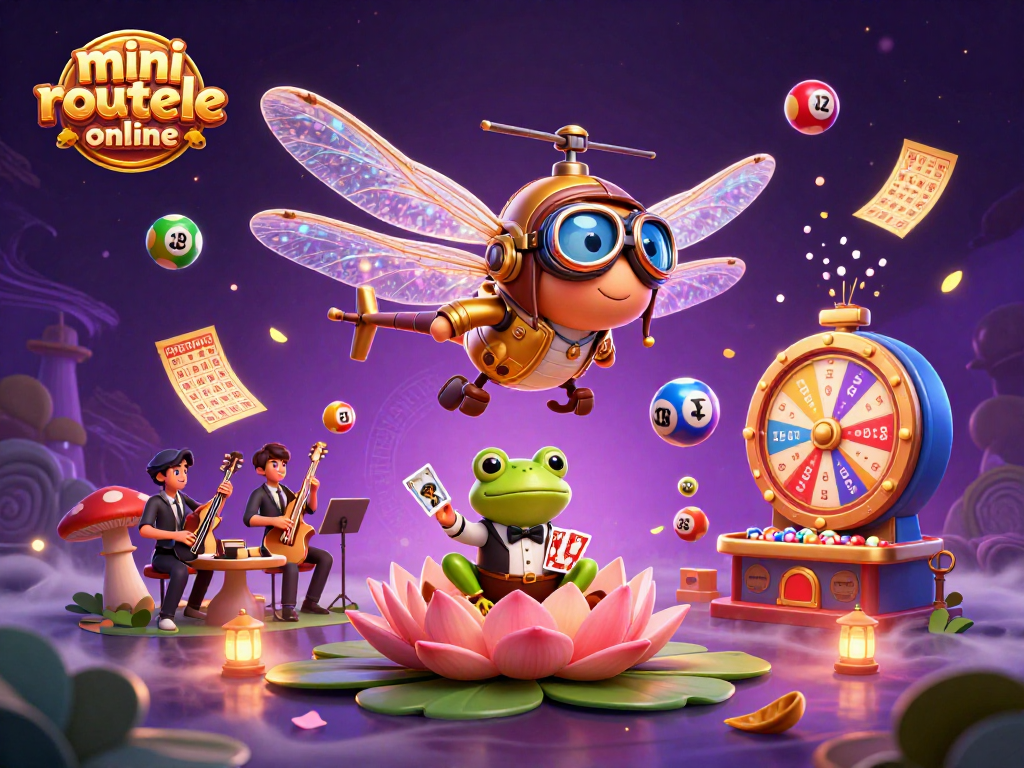 Experience excitement with mini roulette online as a cheerful frog dealer and dragonfly pilot create a vibrant casino atmosphere.