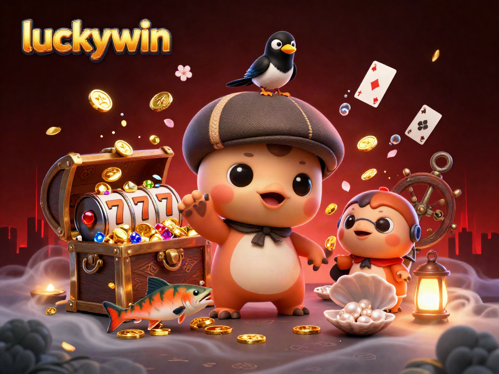 Experience luckywin with 3D cartoon Nessie surrounded by slot reels and gold coins.