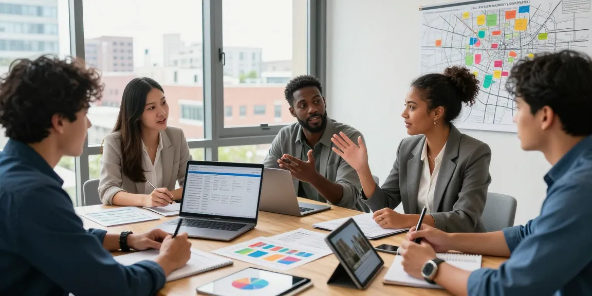 Real estate teamwork utilizing IDXSTAR data for property trends in an urban office.