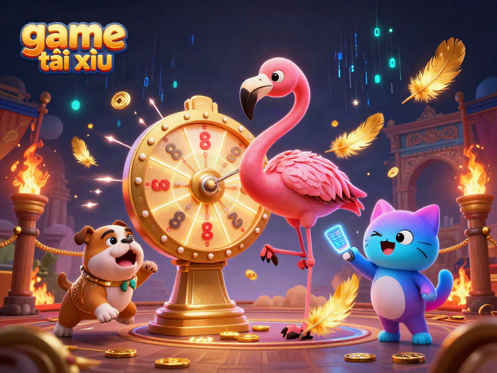 Exciting game tài xỉu host scene with vibrant characters and dynamic casino elements