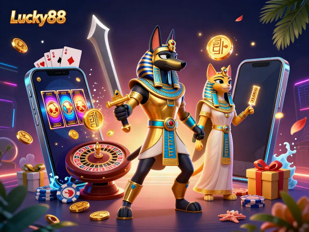 Experience the excitement of Lucky88 with an Egyptian warrior and slot games in this vibrant illustration.