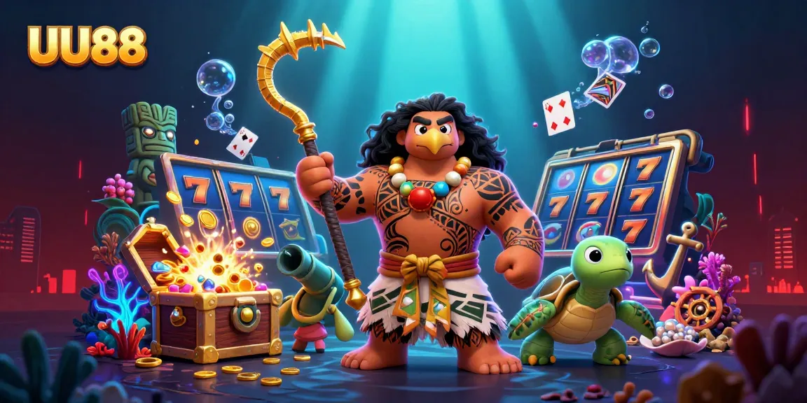 UU88 captures the excitement of slot gameplay with vibrant cartoon characters and dynamic casino elements.