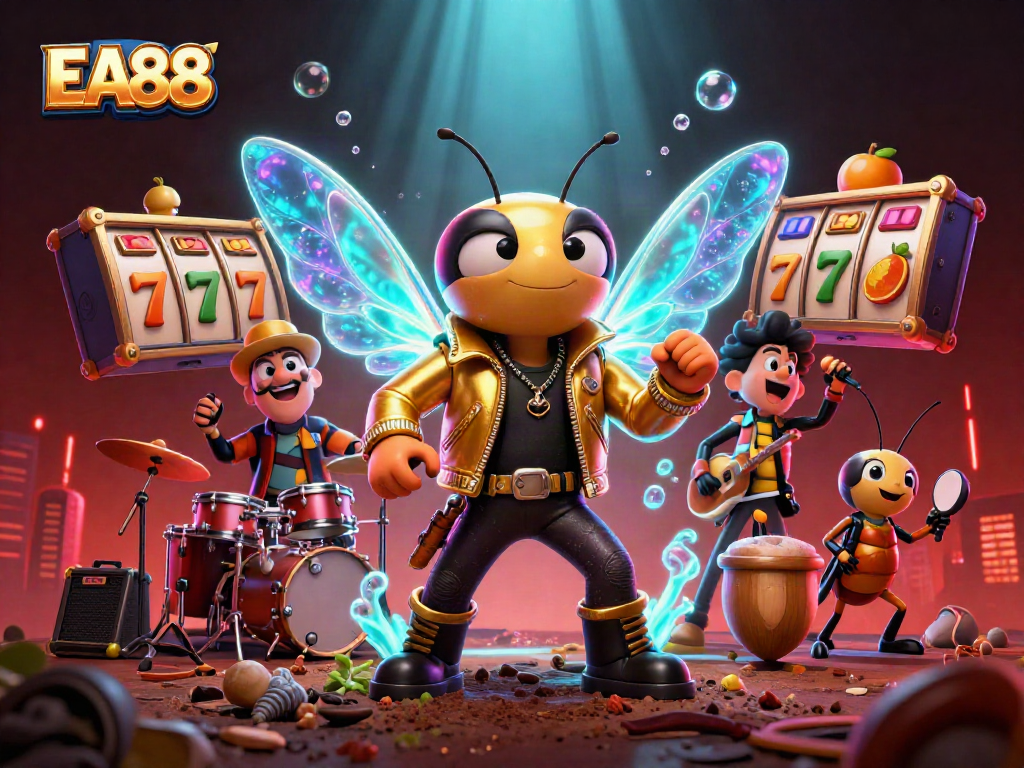 Experience the excitement of EA88 with a lively casino scene featuring a rock star cicada, beetle drummer, and dynamic slot elements.
