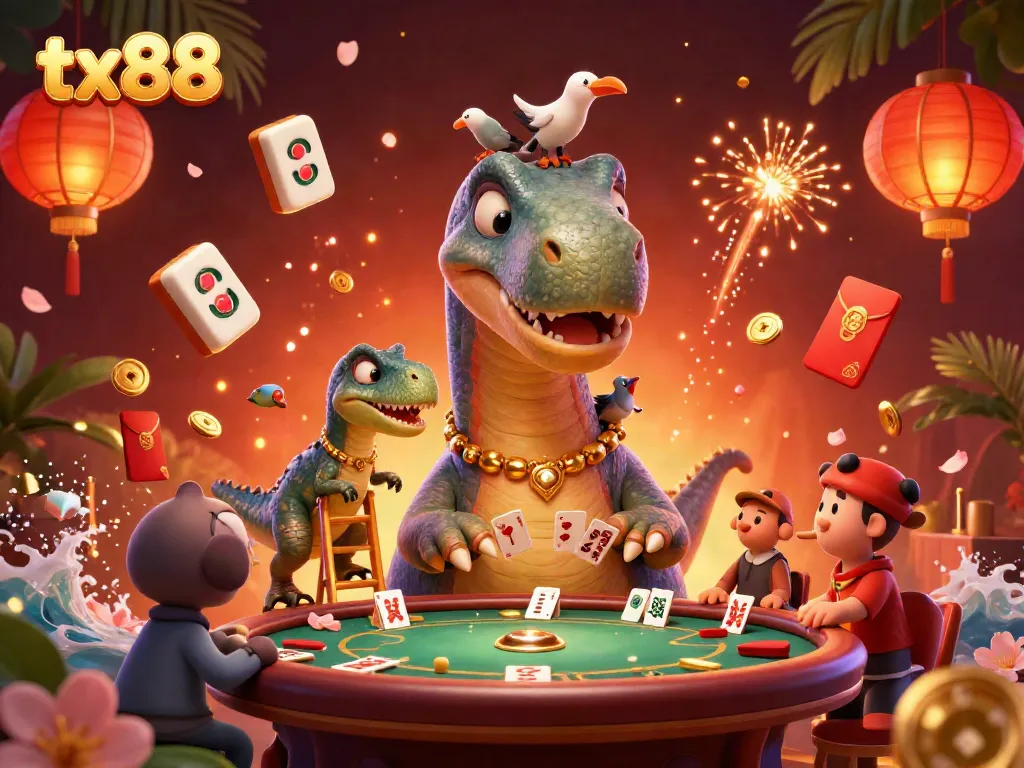 Experience thrilling gameplay at tx88, where a playful brontosaurus observes a lively poker game surrounded by festive decorations.