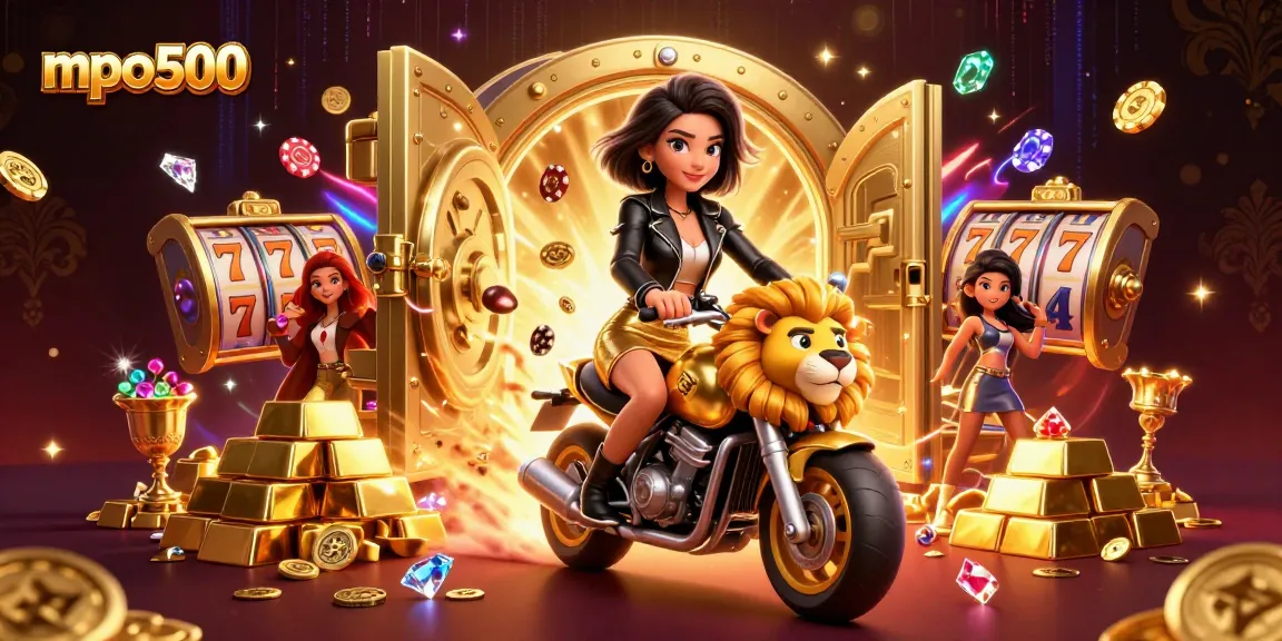 Experience jackpot thrills at mpo500 with a glamorous woman on a golden lion among treasures